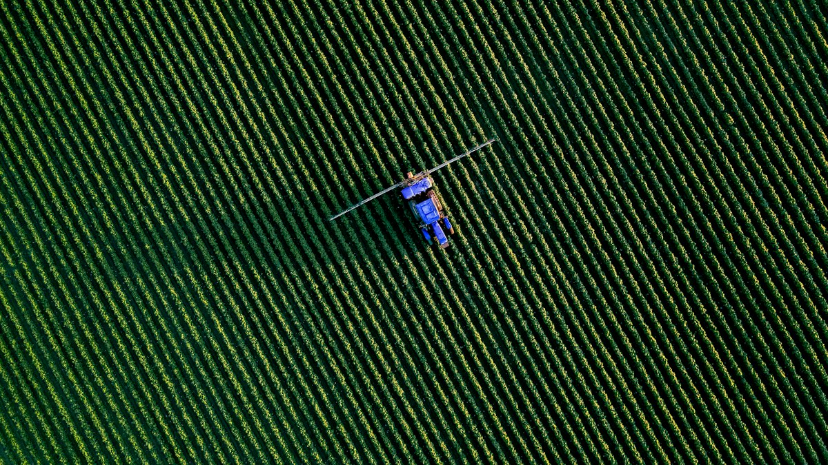 Trabalhador aplicando defensivo agrícola com equipamento de proteção individual no campo